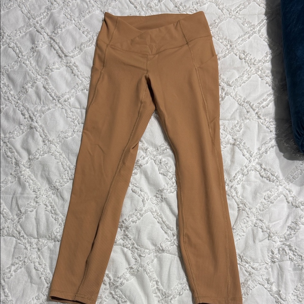 Fabletics Tan Ribbed Leggings with Pockets